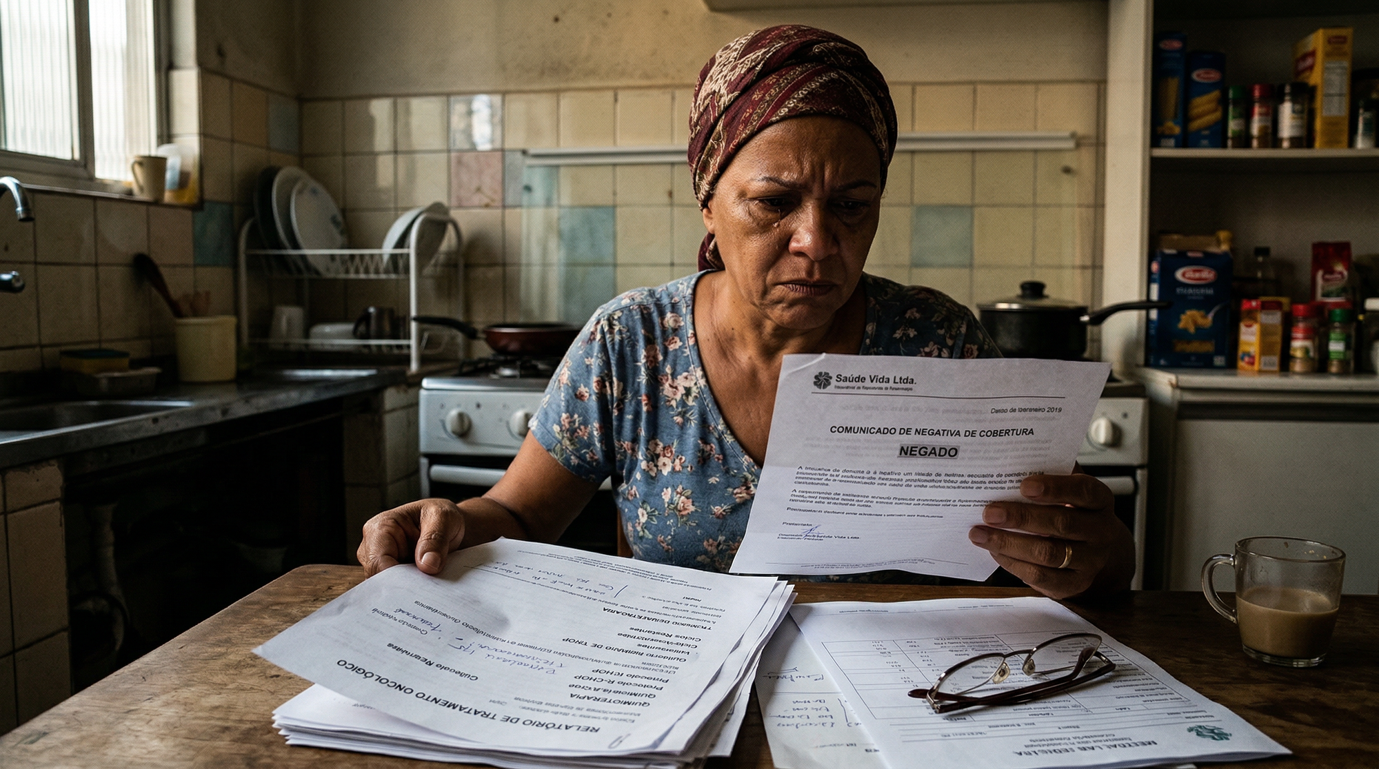 Mulher com lenço na cabeça segurando carta de negativa do plano de saúde para remédio contra câncer.